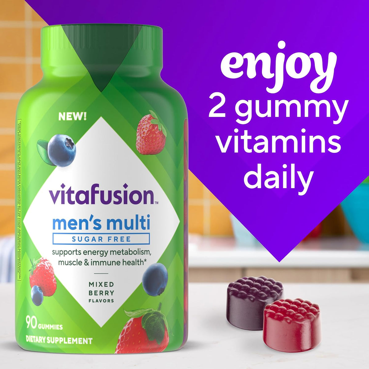 vitafusion Sugar Free Men’s Multi Daily Gummy Multivitamins, Contributes to Normal Energy Metabolism, Muscle and Immune Function, Mixed Berry Flavours, 90 Count - görsel 7