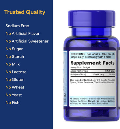 Puritan's Pride Premium Ultra Mega Biotin 10,000mcg, Food Supplement for Hair, Skin and Nails, and Energy Metabolism Support, 100 Day Supply, 50 Rapid-Release Soft gel capsule Capsules, Twin Pack