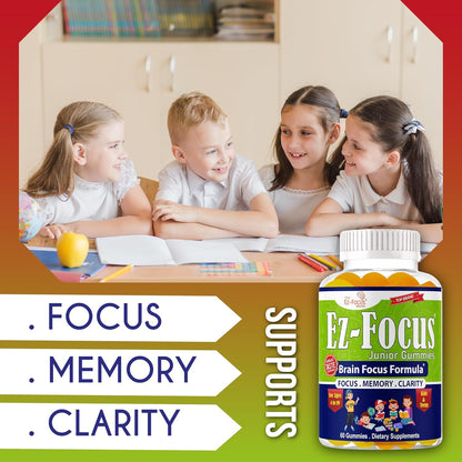 Ez-Focus Junior Brain Vitamins & Memory Supplements for Kids & Teens - Focus Gummies with DHA - 60 Chewable Gummies