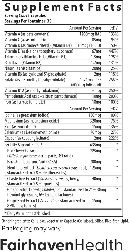 Fairhaven Health FertilAid for Women | Prenatal Vitamin | with Vitex and Folate | Traditionally Used for Female Reproductive Health | 270 Vegan Capsules