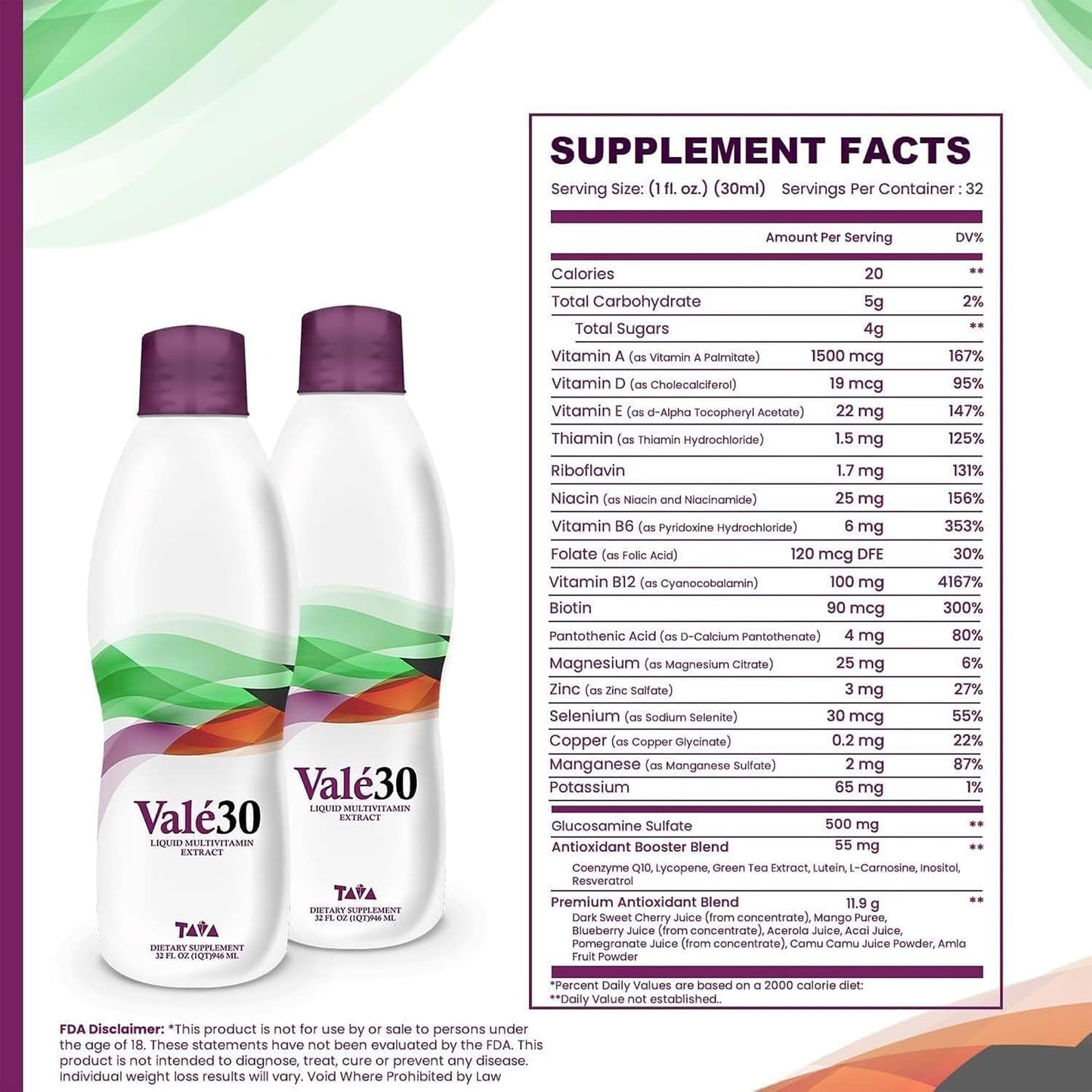 TAVA Valé30 - Liquid Multivitamin - 30-Day Supplement with Vitamin A and B Complex for Men, Women, and Family, Daily Boost Drink - 2 Bottles - görsel 2