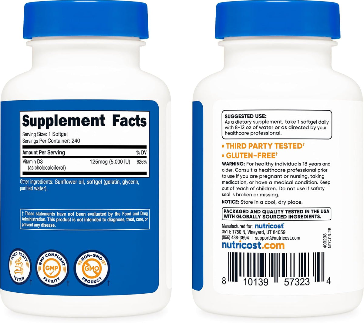 Nutricost Vitamin D3 5,000 IU (125 µg), 240 Soft gel capsules - Non-GM and Gluten-free Vitamin D - görsel 4