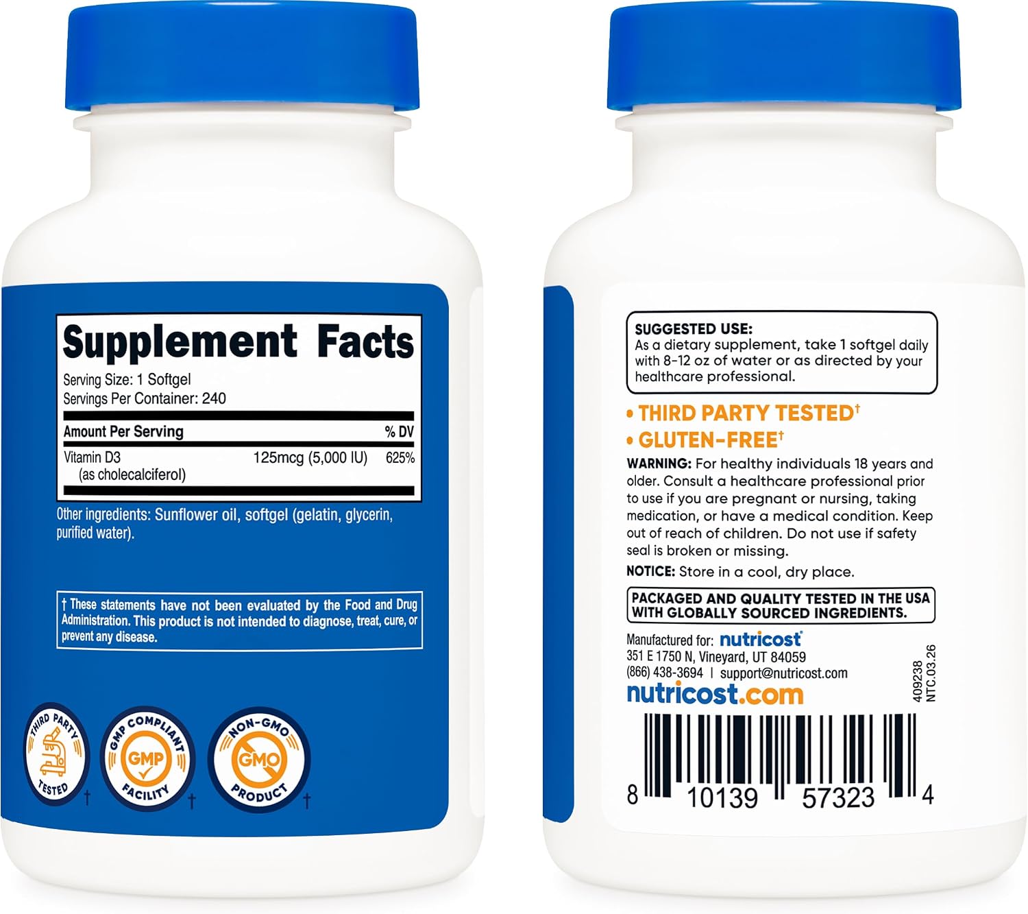 Nutricost Vitamin D3 5,000 IU (125 µg), 240 Soft gel capsules - Non-GM and Gluten-free Vitamin D - görsel 4