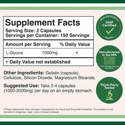 Double Wood Glycine Supplement - 1000 mg, 300 Capsules