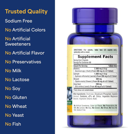 Puritan's Pride Premium Blueberry Eyebright Complex – 120 Coated Caplets