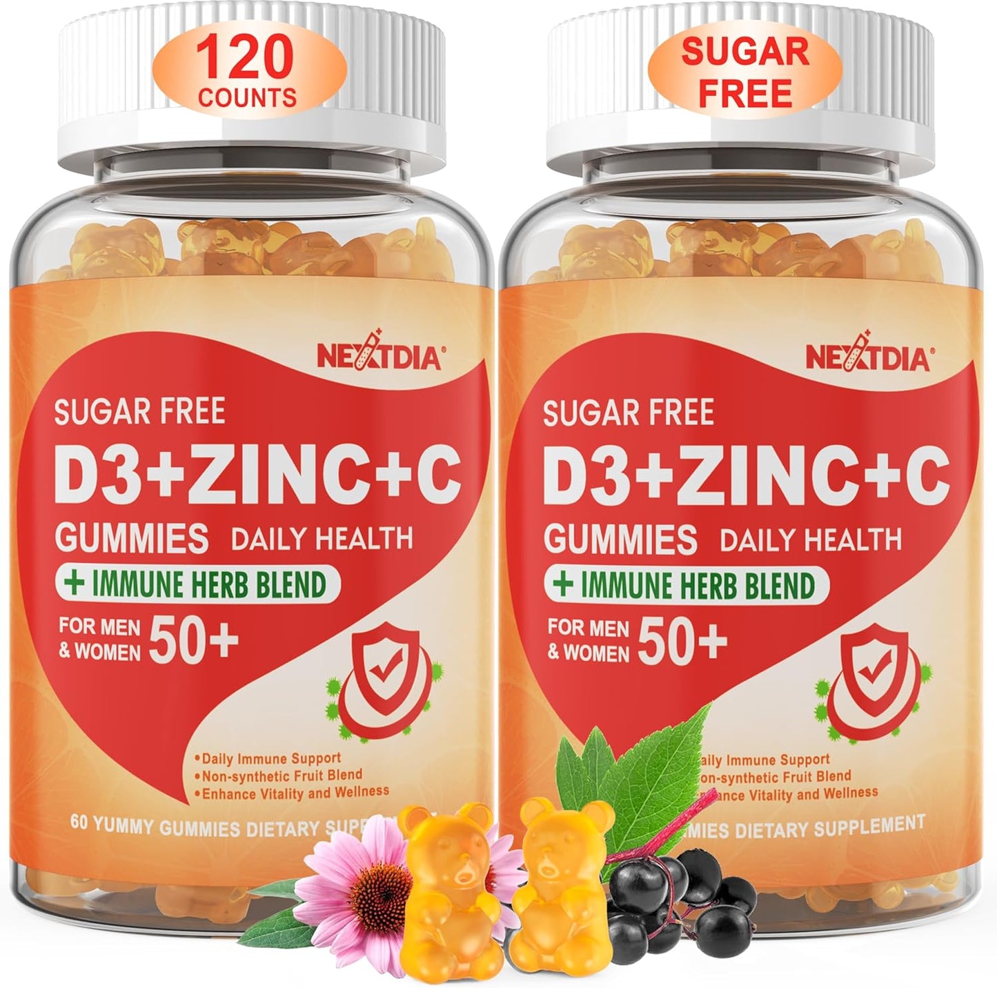 Sugar Free Vitamin C + D3 + Zinc Gummies for Adults 50+, 9 in 1 Immune Defence Supplement with D3 5000IU, Elderberry, Echinacea, Mullein Leaf - Vegan (Pack of 1) - görsel 7