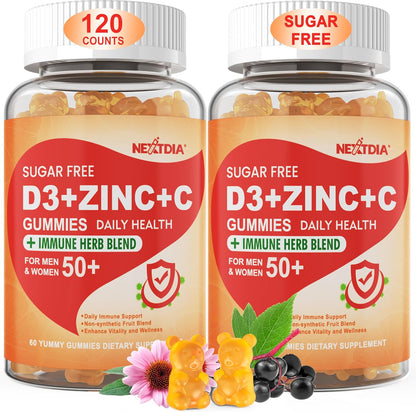 Sugar Free Vitamin C + D3 + Zinc Gummies for Adults 50+, 9 in 1 Immune Defence Supplement with D3 5000IU, Elderberry, Echinacea, Mullein Leaf - Vegan (Pack of 1)