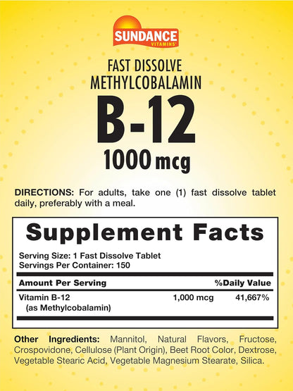 Sundance B-12 Methylcobalamin 1,000 mcg Fast Dissolve Tablets - Natural Berry Flavour, 150 Count