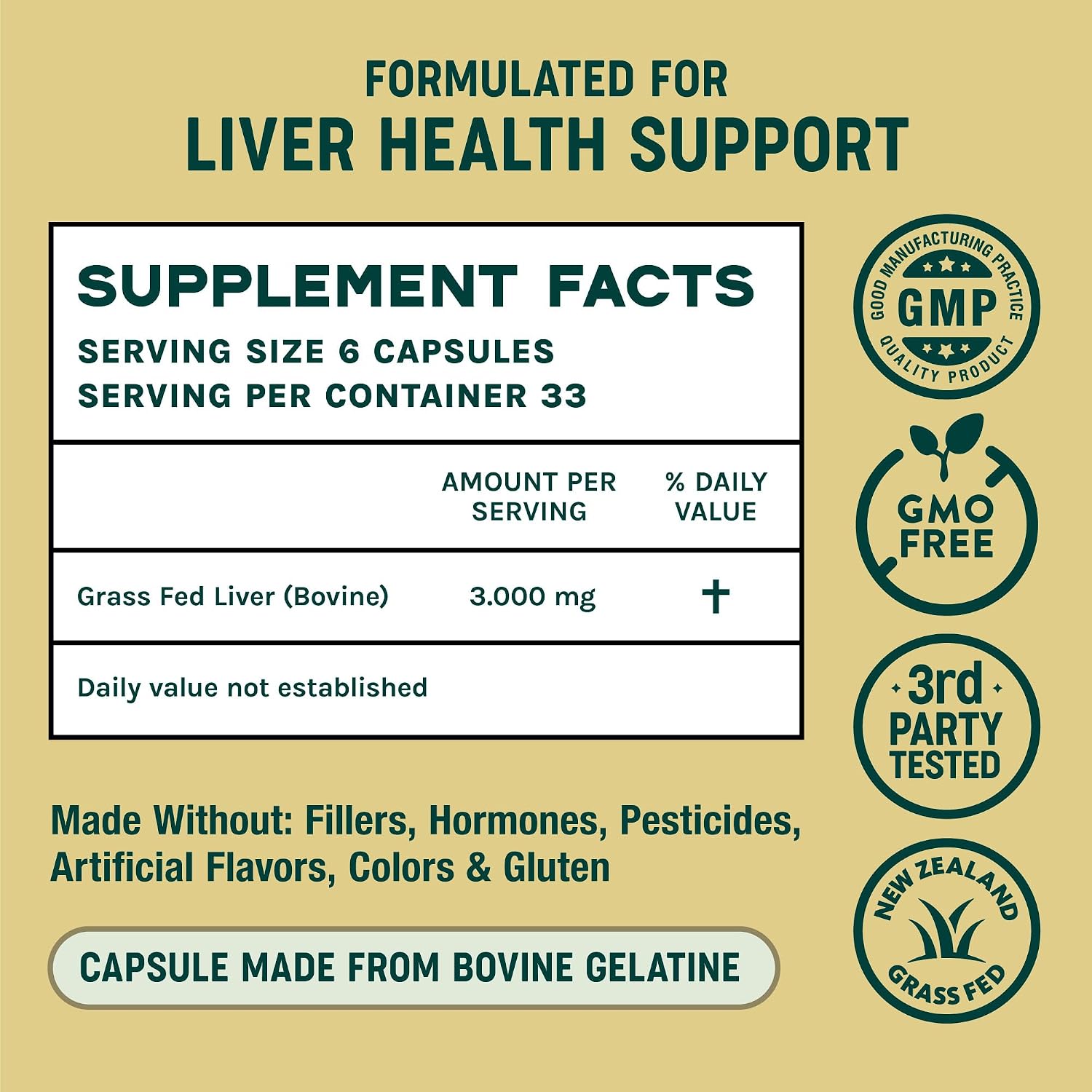 One Earth Health Grass Fed Beef Liver Capsules – New Zealand Desiccated, 3,000mg (200 Capsules) - görsel 5