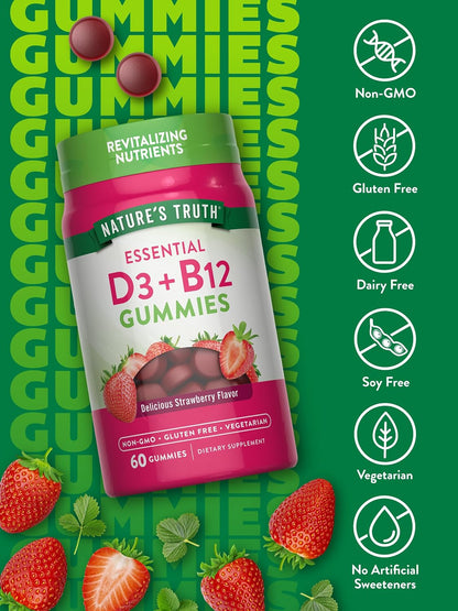 Nature's Truth Vitamin D3 and B12 Gummies for Adults, 60 Gummies, Strawberry Flavour, Vegetarian, Non-GM & Gluten-free