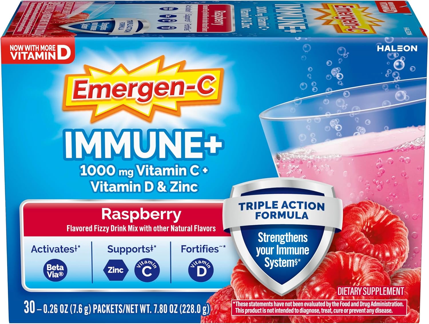 Emergen-C Immune+ Triple Action Immune Support Powder, BetaVia, 1000mg Vitamin C, B Vitamins, Vitamin D and Antioxidants, Raspberry Flavour – 30 Count - görsel 1