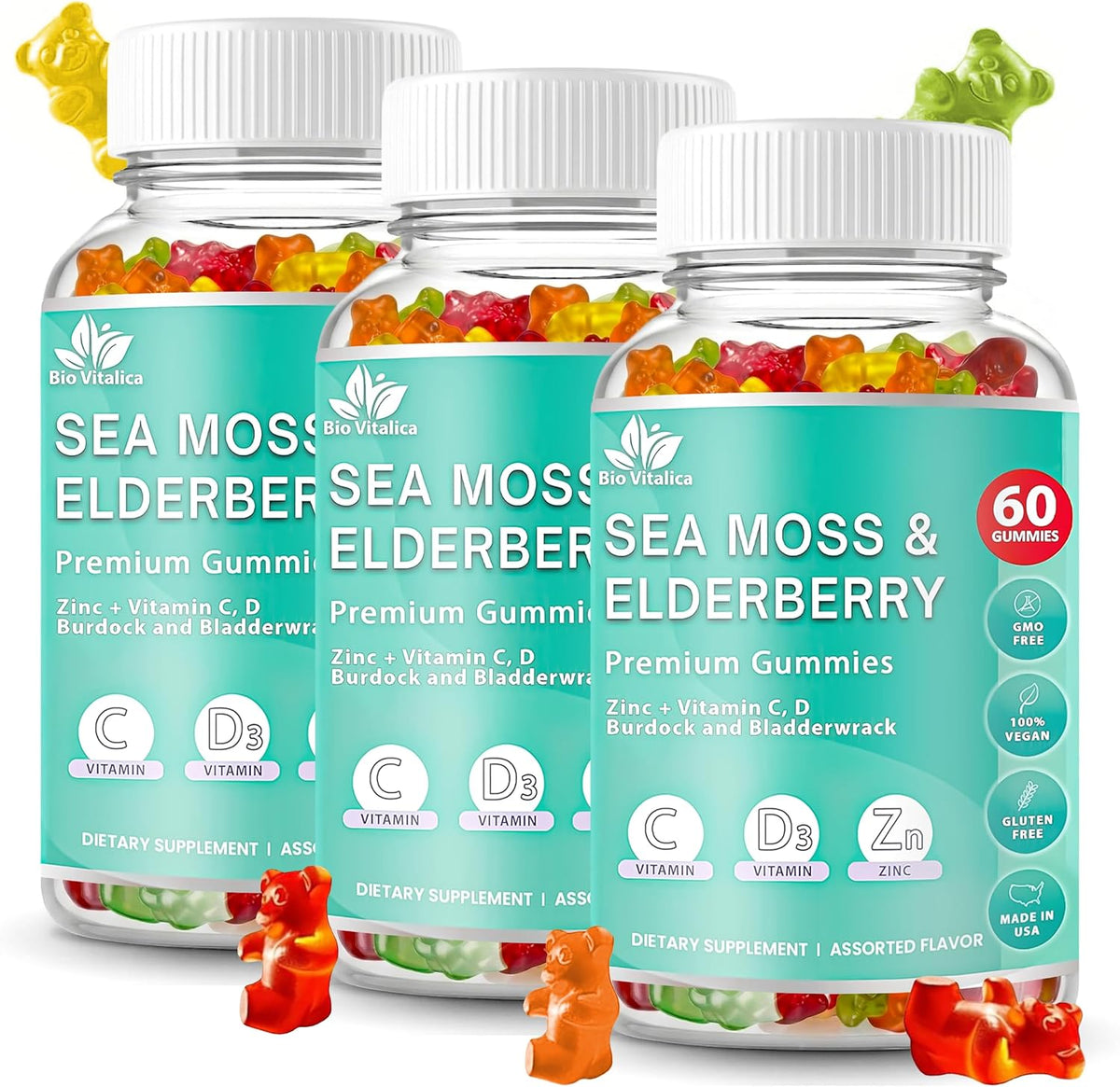 BIO VITALICA Irish Sea Moss Gummies – Vegan Immune Support with Vitamin C, D, Zinc – 3 Pack - görsel 1
