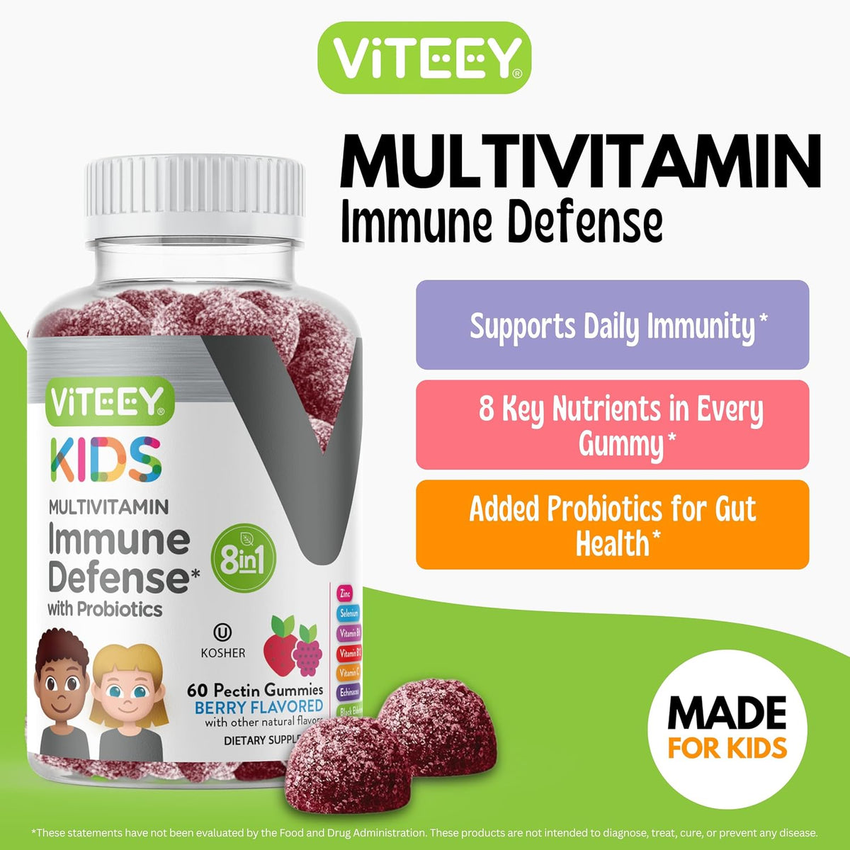 Viteey Children's Multivitamin Gummies with Probiotics – Immune Support Supplement for Kids – Berry Flavour – 60 Gummies - görsel 2