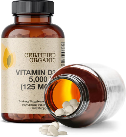 Futurebiotics Vitamin D3 5,000 IU (125 mcg), USDA Certified Organic Vitamin D Supplement, 360 Tablets