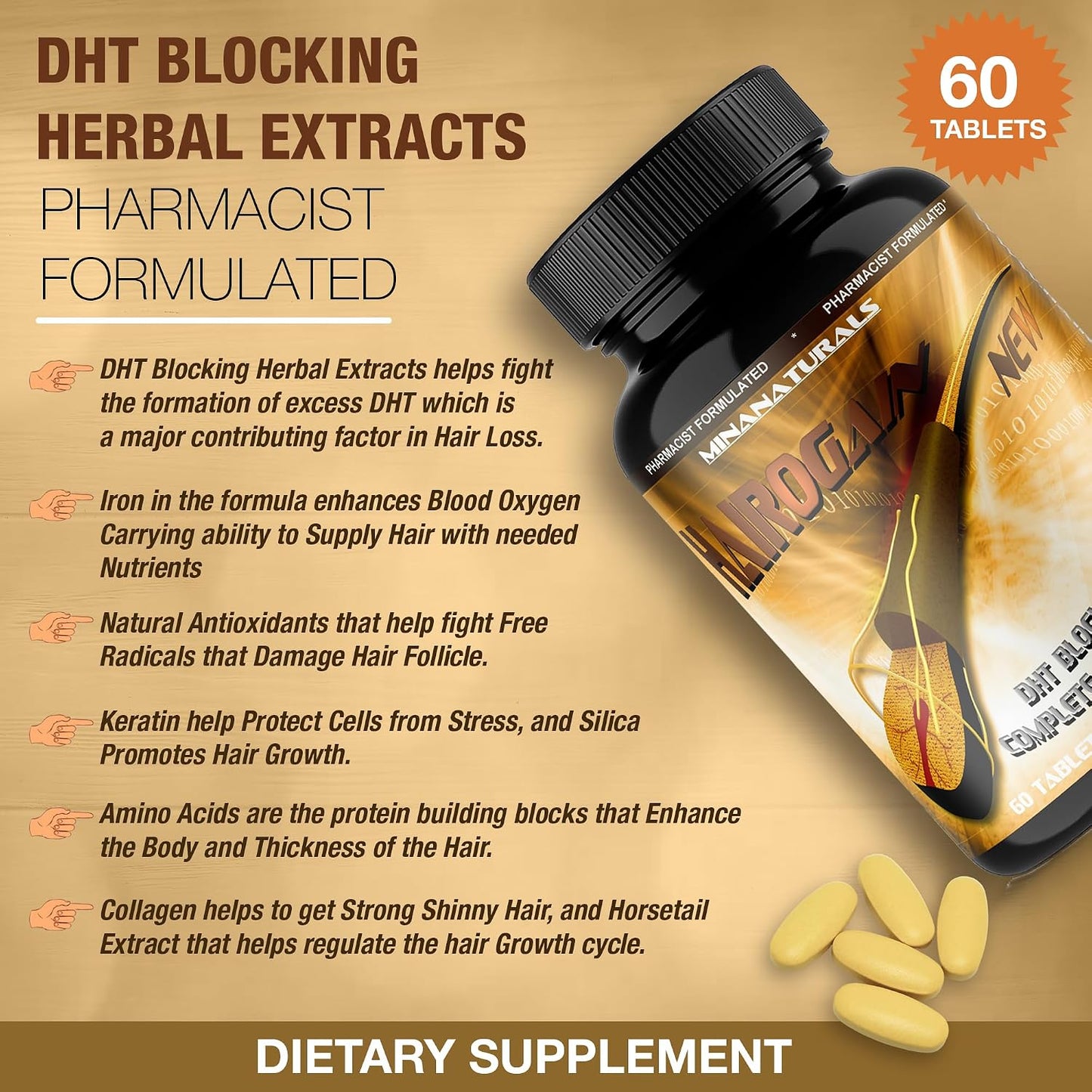 MINANATURALS HAIROGAIN DHT Blocker - Support Hair Growth with 10000 mcg Biotin, Collagen & Hair Vitamins - 60 Tablets - görsel 4