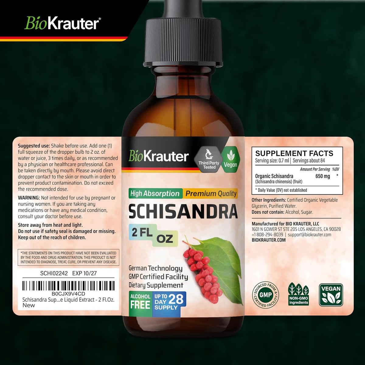 BIO KRAUTER® Schisandra for Calm & Relaxation - Pure Vegan Mood Support Supplement - Liquid Schisandra Berry 59 ml - Natural Calm Drops 650 mg per Serving, 28-Day Supply, Alcohol & Sugar Free - görsel 8
