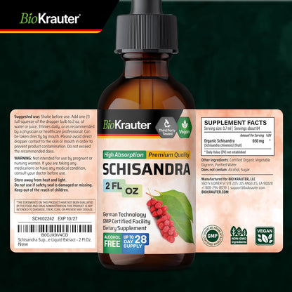 BIO KRAUTER® Schisandra for Calm & Relaxation - Pure Vegan Mood Support Supplement - Liquid Schisandra Berry 59 ml - Natural Calm Drops 650 mg per Serving, 28-Day Supply, Alcohol & Sugar Free