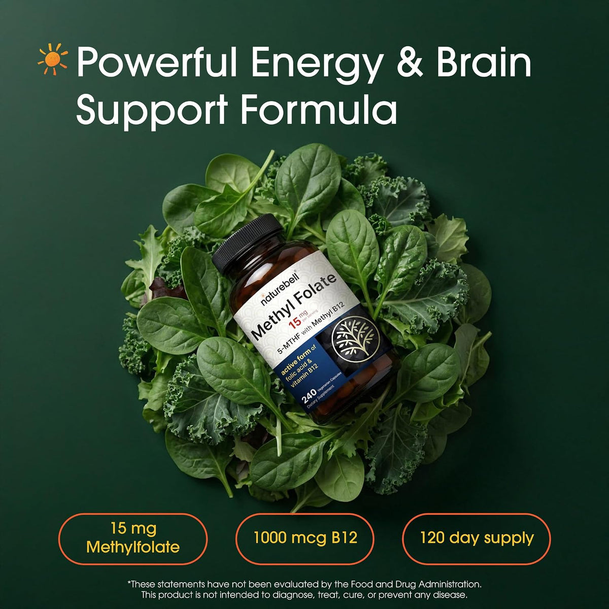 NatureBell Methyl Folate 15mg with Methyl B12 - 240 Capsules - L-Methylfolate & Vitamin B12 for Energy & Mood Support - görsel 2