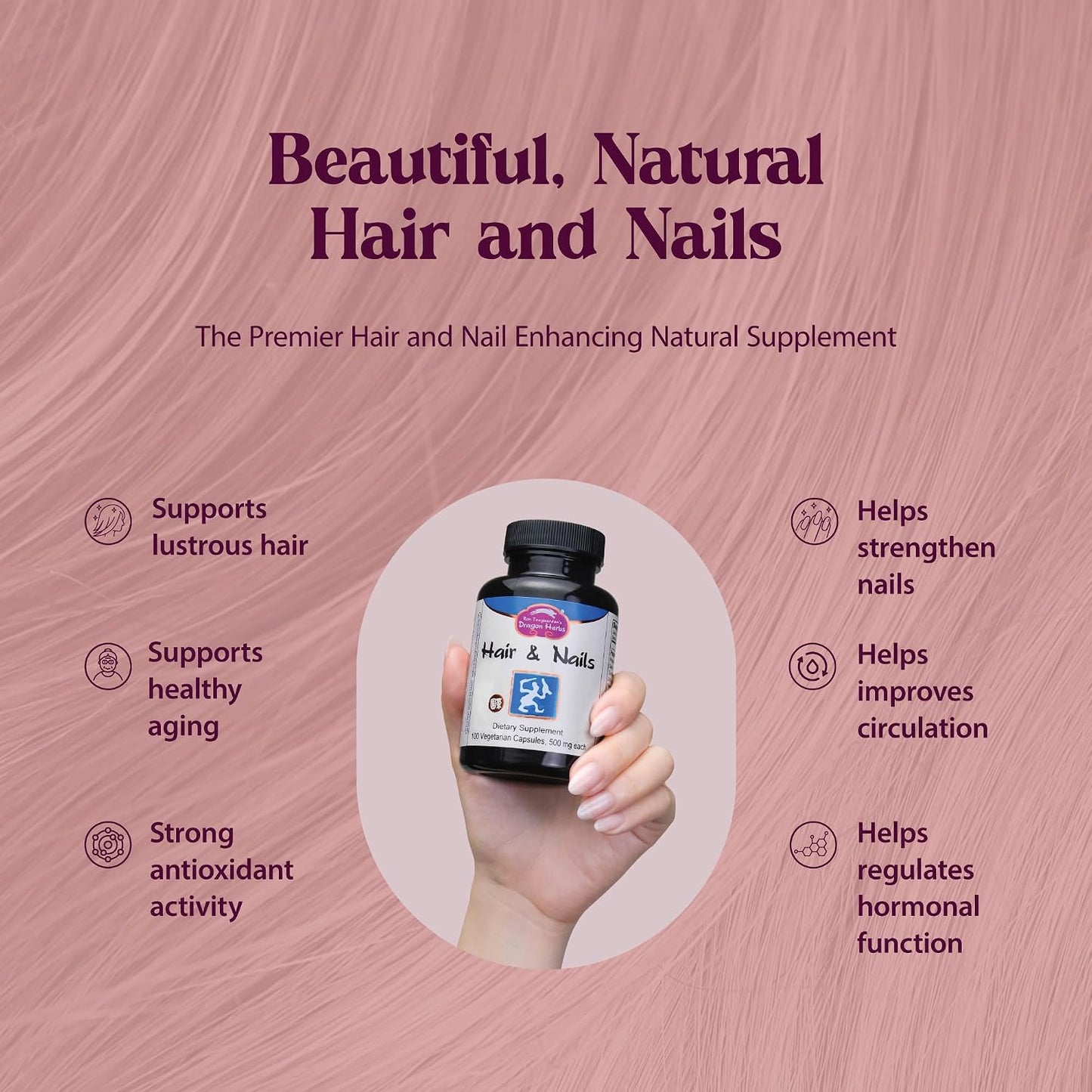Dragon Herbs Hair and Nails | All-Natural Supplement to Support Hair, Nails, Healthy Ageing, and Circulation | All-Natural Ingredients, Non-GMO (100 Capsules, 500 mg per Capsule) - görsel 2