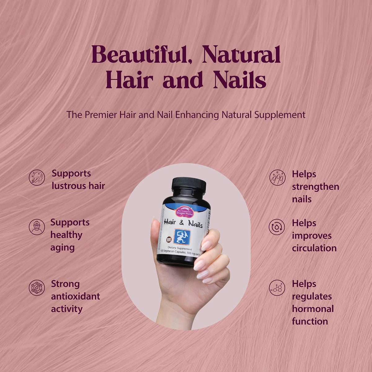 Dragon Herbs Hair and Nails | All-Natural Supplement to Support Hair, Nails, Healthy Ageing, and Circulation | All-Natural Ingredients, Non-GMO (100 Capsules, 500 mg per Capsule) - görsel 2