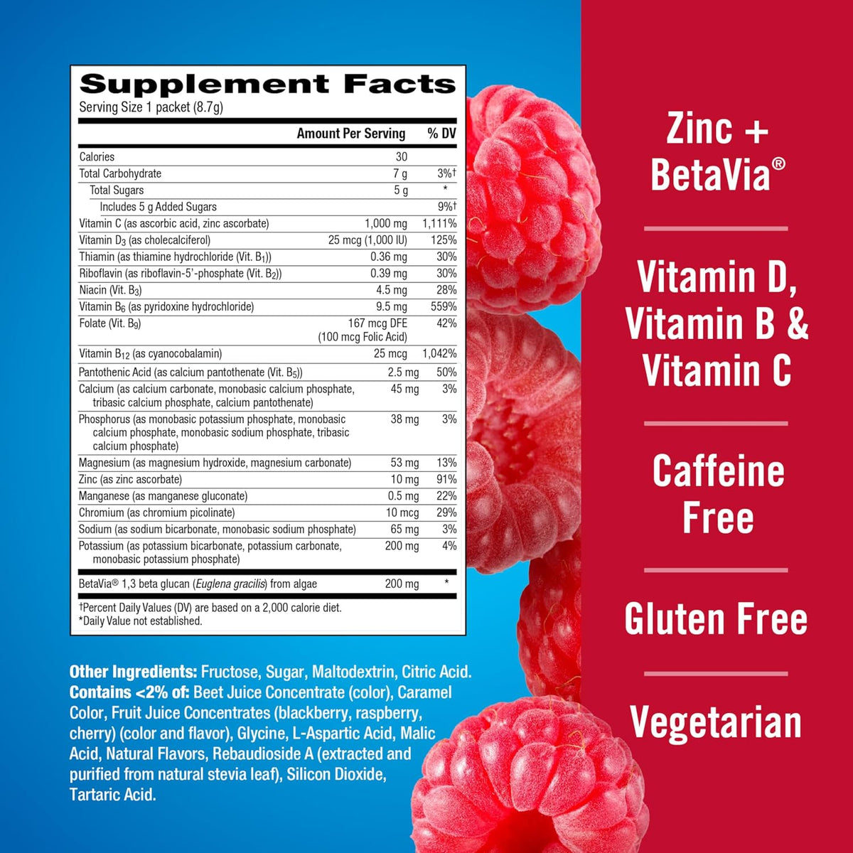 Emergen-C Immune+ Triple Action Immune Support Powder, BetaVia, 1000mg Vitamin C, B Vitamins, Vitamin D and Antioxidants, Raspberry Flavour – 30 Count - görsel 7
