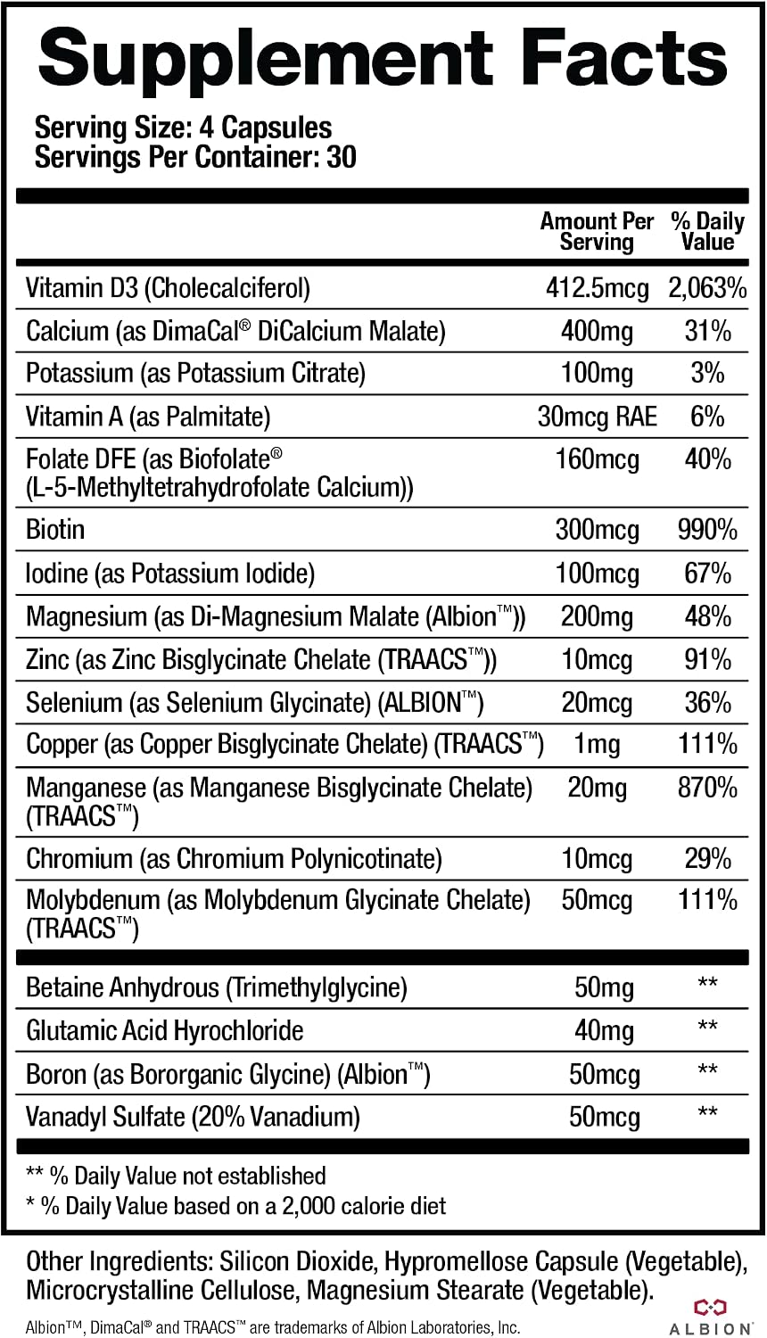 BioMatrix Chelated Mineral Supplement – Iron-Free, Calcium, Magnesium, Zinc, Vitamin D3, Copper & Iodine – Vegetarian Capsules, 30-Day Supply - görsel 2