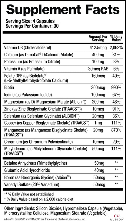 BioMatrix Chelated Mineral Supplement – Iron-Free, Calcium, Magnesium, Zinc, Vitamin D3, Copper & Iodine – Vegetarian Capsules, 30-Day Supply