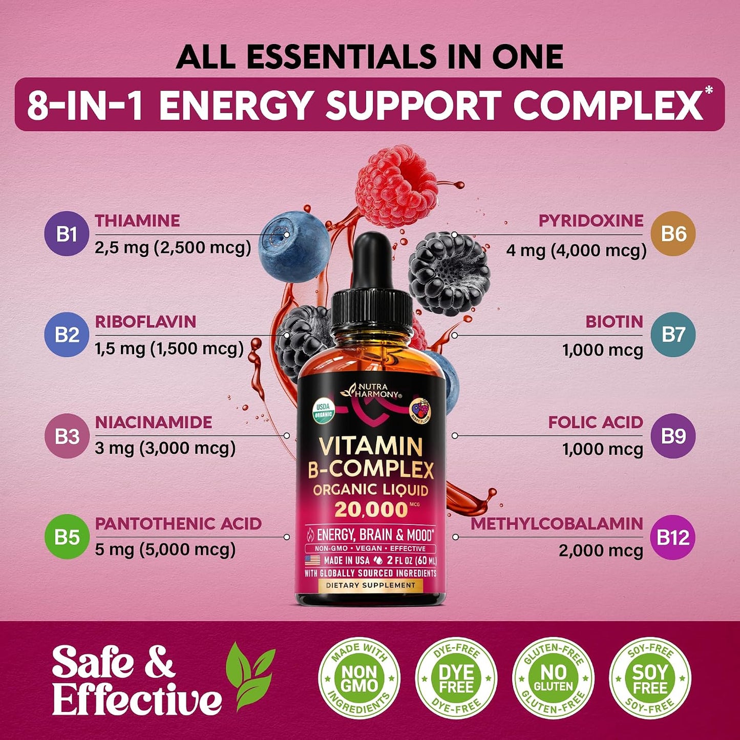 Organic Vitamin B-Complex Liquid Drops – Natural Berry Flavour (2 fl oz) - görsel 6