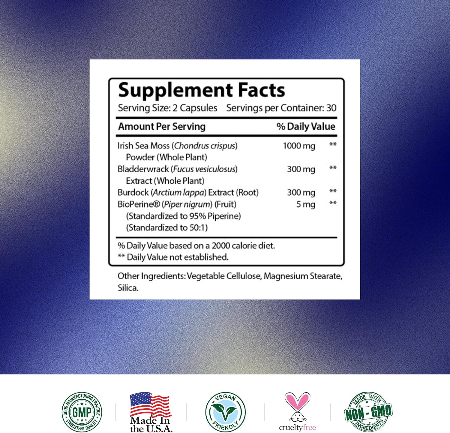 Research Verified Irish Sea Moss - Bladderwrack, Burdock, BioPerine - Rich in Prebiotics - 60 Capsules - Vegan - Made in the USA - görsel 7