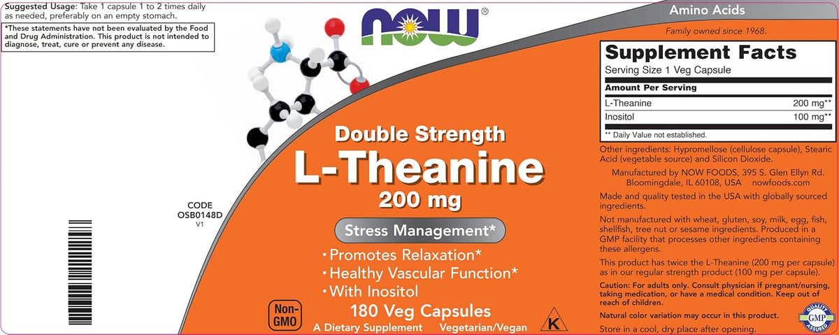 NOW Foods L-Theanine Double Strength 200 mg with Inositol - 180 Vegetable Capsules (Pack of 2) - görsel 4