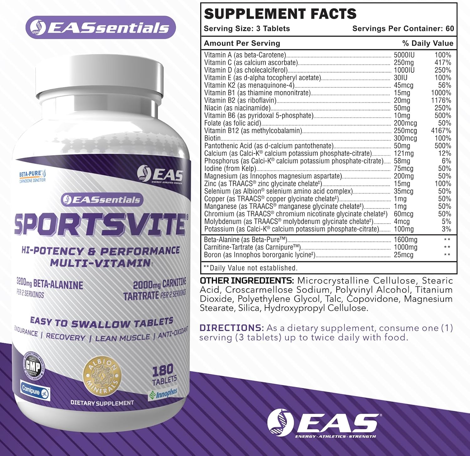 EAS SportsVite High Potency Multivitamin for Athletes | Vitamin & Mineral Nutrient Blend | 2300mg Beta Alanine, 2000mg Carnitine Tartrate | 180 Tablets - görsel 2