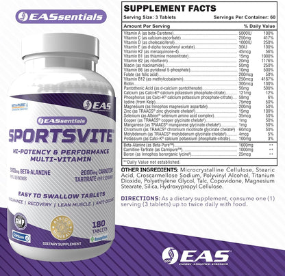 EAS SportsVite High Potency Multivitamin for Athletes | Vitamin & Mineral Nutrient Blend | 2300mg Beta Alanine, 2000mg Carnitine Tartrate | 180 Tablets