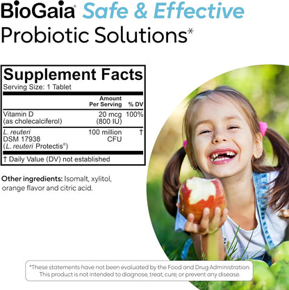 BioGaia Immune Active Kids | Probiotic + Vitamin D | for Digestive & Immune Health | Ages 3+ | Allergen, Dairy, Soya & Gluten-free | Trusted by Paediatricians | 30 Day Supply | Orange Flavoured Chewable