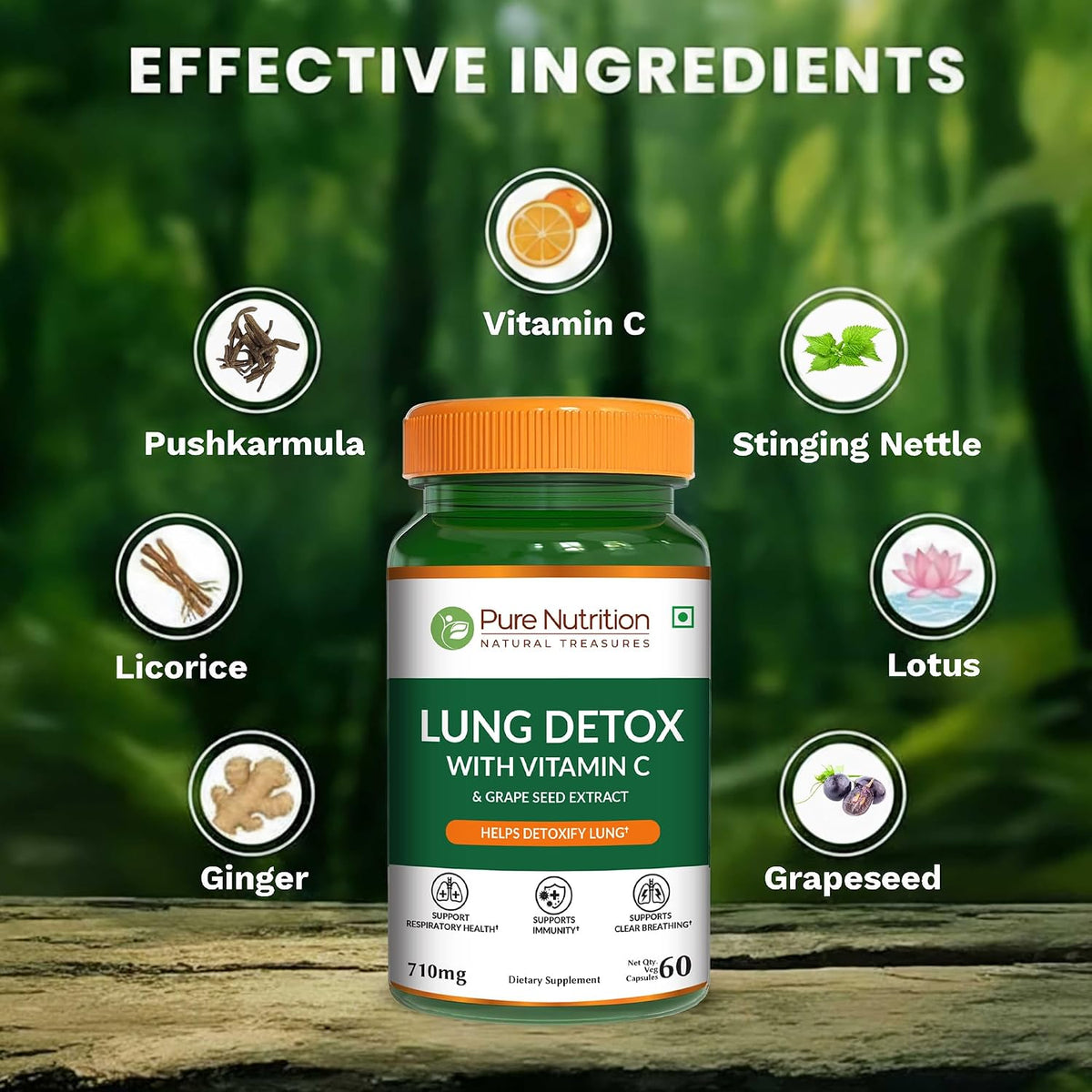Pure Nutrition Lung Health Supplement | Herbal Lung Support with Quercetin, Vitamin C, Nettle, Vasaka Leaf, Lotus, Licorice & Ginger | 60 Capsules - görsel 6