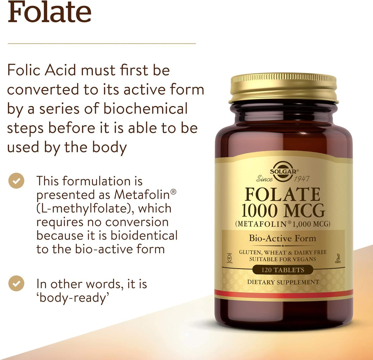 Solgar Folate 1000 mcg - Bio-active Metafolin - 120 Tablets - görsel 3