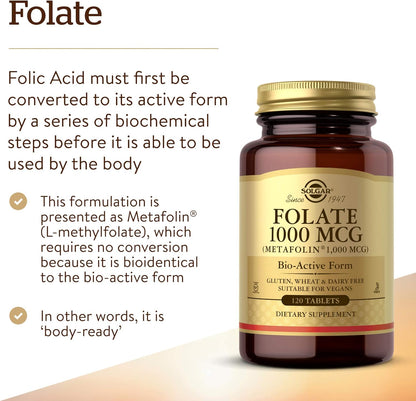Solgar Folate 1000 mcg - Bio-active Metafolin - 120 Tablets