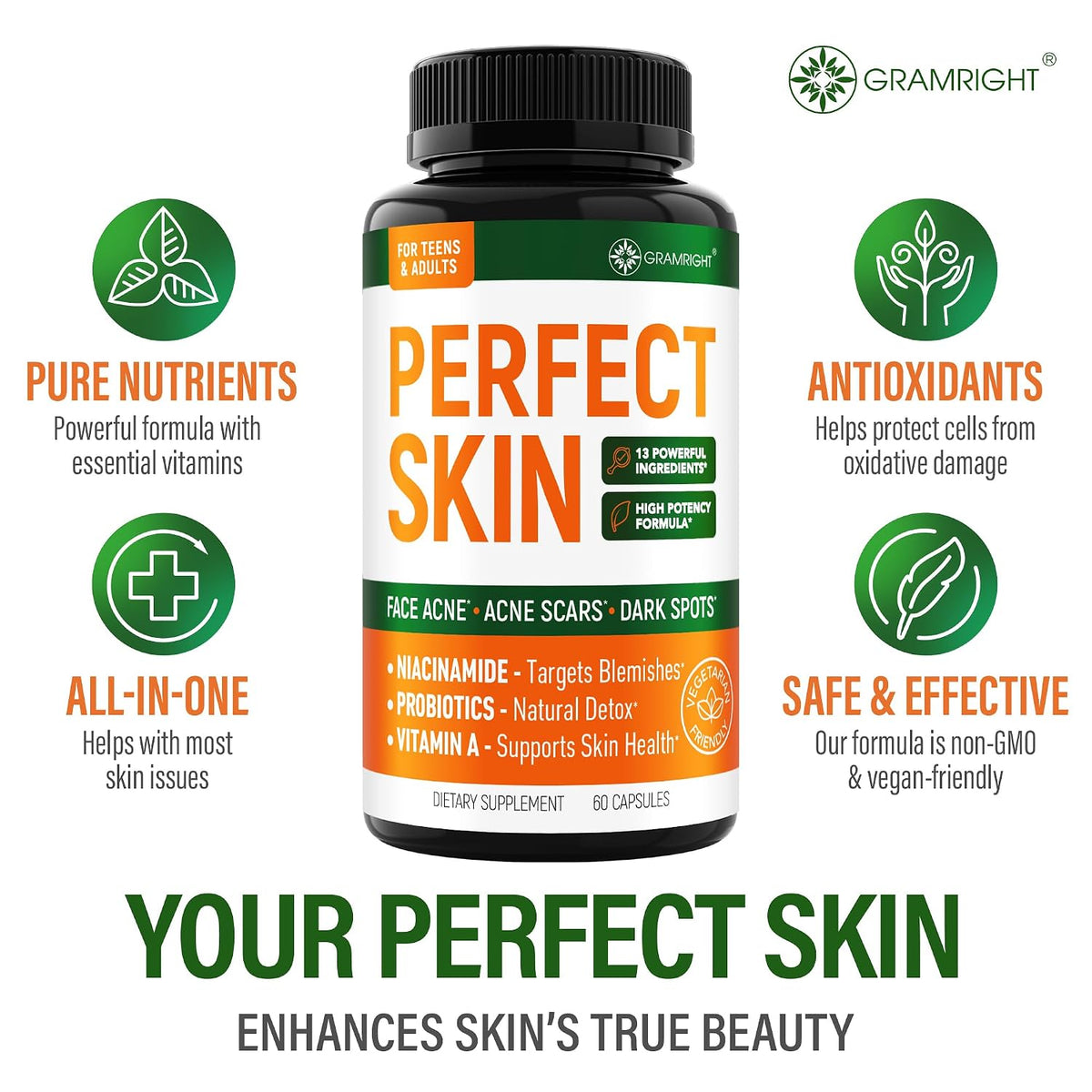 Perfect Skin Acne Capsules - Skin Support with Niacinamide, Probiotic, Zinc & Vitamin A (60 Capsules) - görsel 6