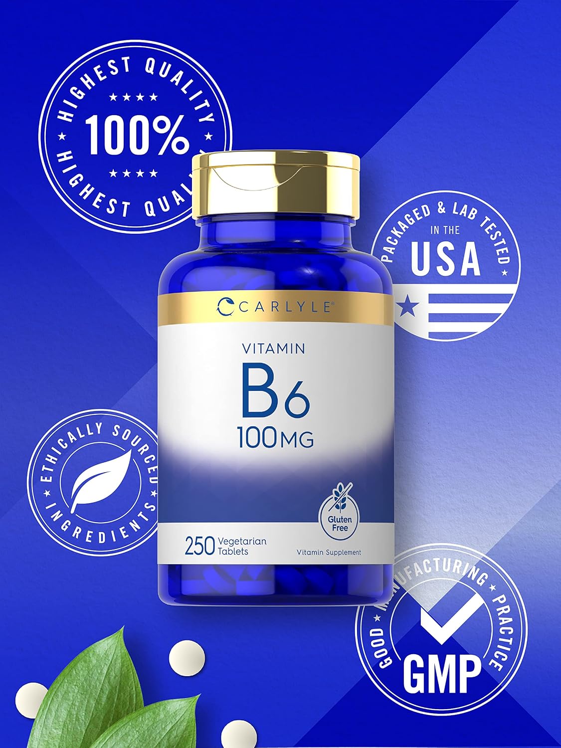 Carlyle Vitamin B6 100mg | 250 Tablets | Pyridoxine Hydrochloride Supplement | Vegetarian, Non-GMO, Gluten-free - görsel 5