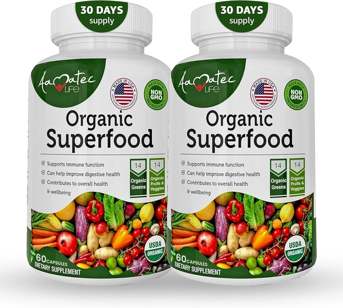 Organic Superfood Greens Fruits and Veggies Complex - 14 Greens & 14 Vegetables with Alfalfa - Non-GMO (120 Count, Pack of 2) - görsel 1