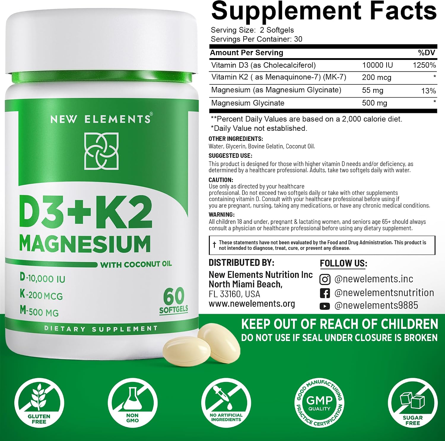 New Elements Vitamin D3 K2 10,000 IU with Magnesium Glycinate 500mg – Bone Health, Immune Support, Energy & Mood – Non-GM, Gluten-free, Sugar-Free Soft gel capsules for Women & Men (60 Soft gel capsules) - görsel 4