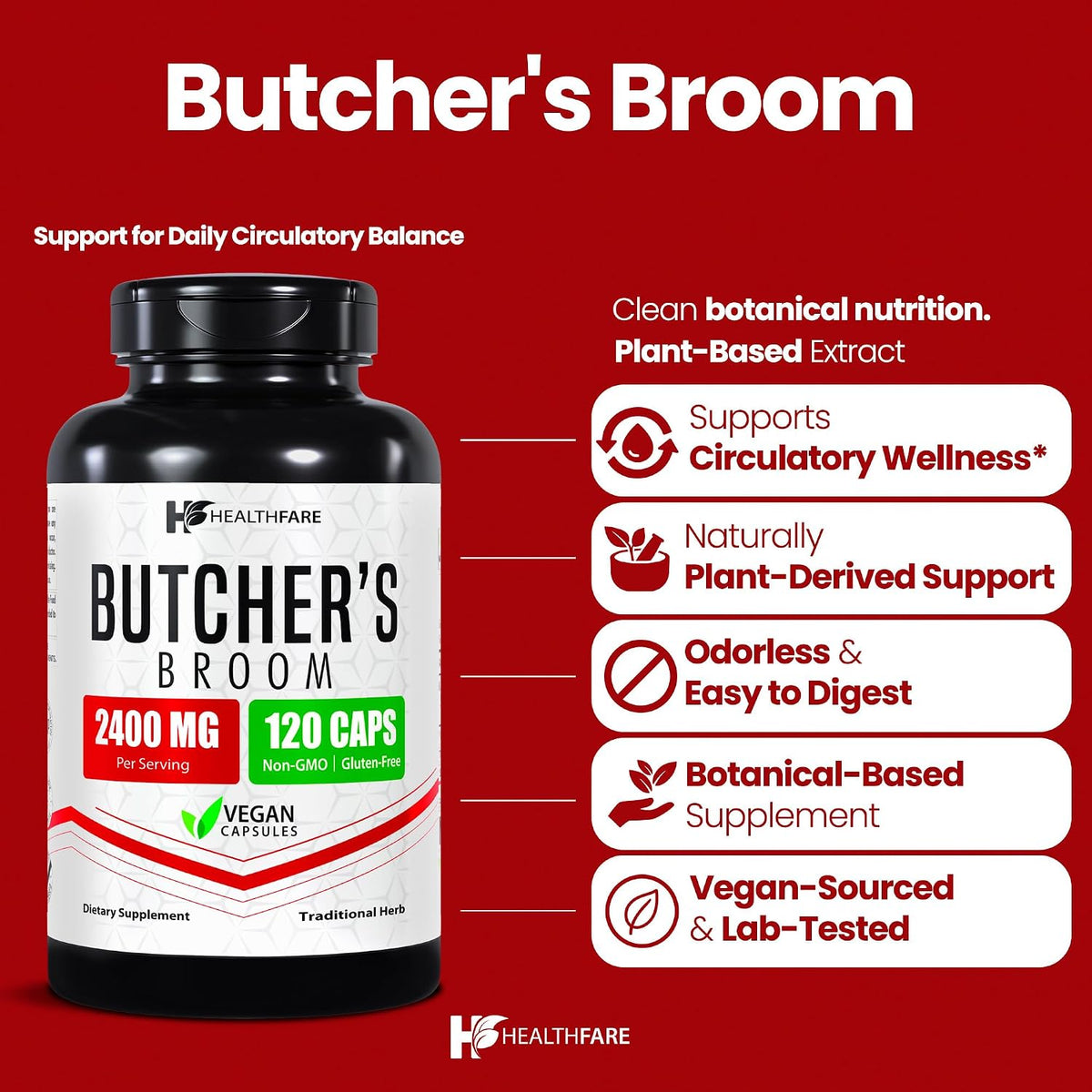 Healthfare Butcher's Broom 2400mg Herbal Food Supplement - 120 Vegetarian Capsules – Image 2
