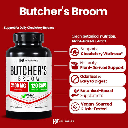 Healthfare Butcher's Broom 2400mg Herbal Food Supplement - 120 Vegetarian Capsules – Image 2