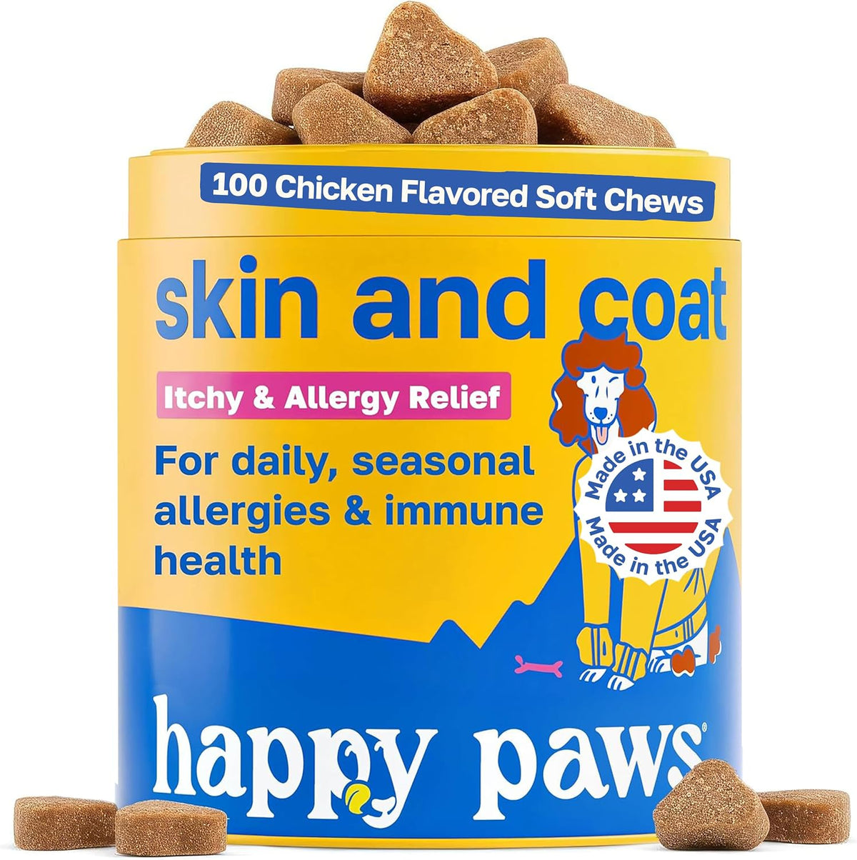 Happy Paws Skin and Coat Supplement for Dogs, Itch and Allergy Relief, 100 Chews - görsel 1