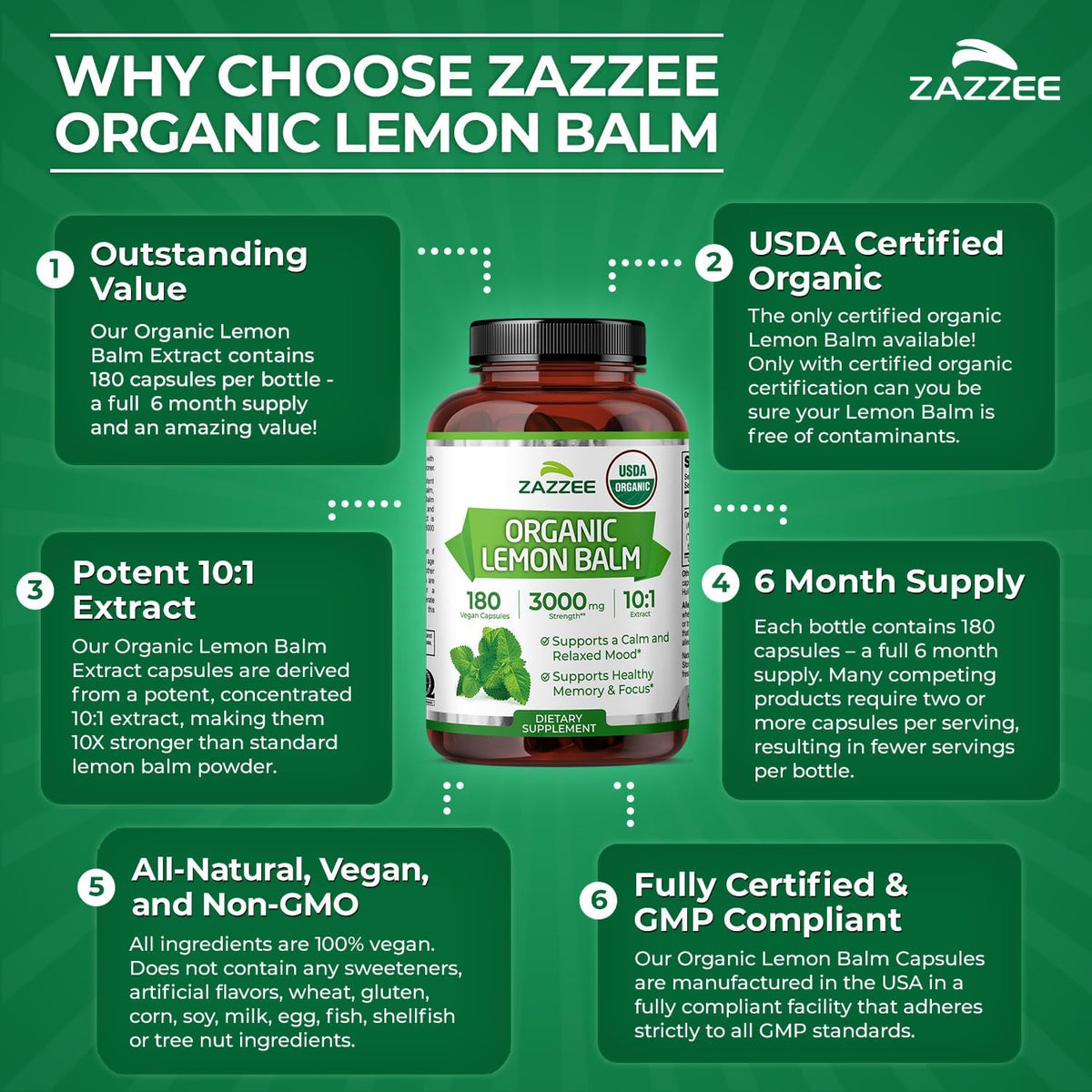 Zazzee USDA Organic Lemon Balm 10:1 Extract, 180 Vegan Capsules - 6 Month Supply - görsel 6
