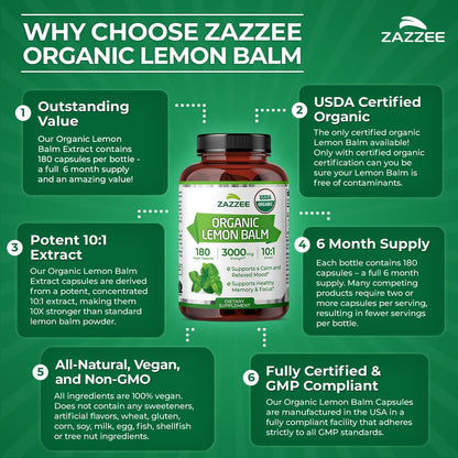 Zazzee USDA Organic Lemon Balm 10:1 Extract, 180 Vegan Capsules - 6 Month Supply