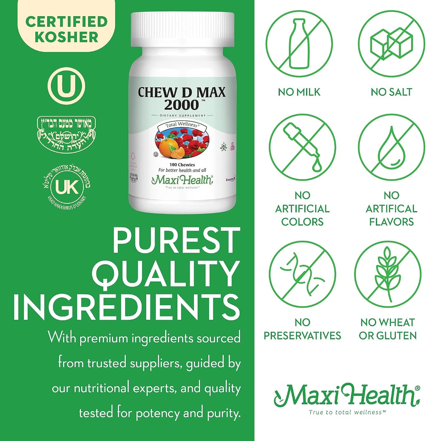 Maxi Health Chewable Vitamin D3 2000 IU Supplement - Delicious Natural Bubble Gum Flavour - Supports Normal Calcium Absorption, Immune Function and Bone Health - görsel 6