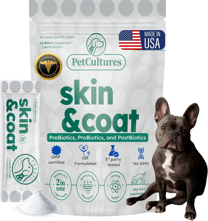 PetCultures Skin & Coat Tribiotic Dog Supplement Powder – Omega-3 & 6, Biotin, and Gut-Skin Axis Support (30 Sachets)
