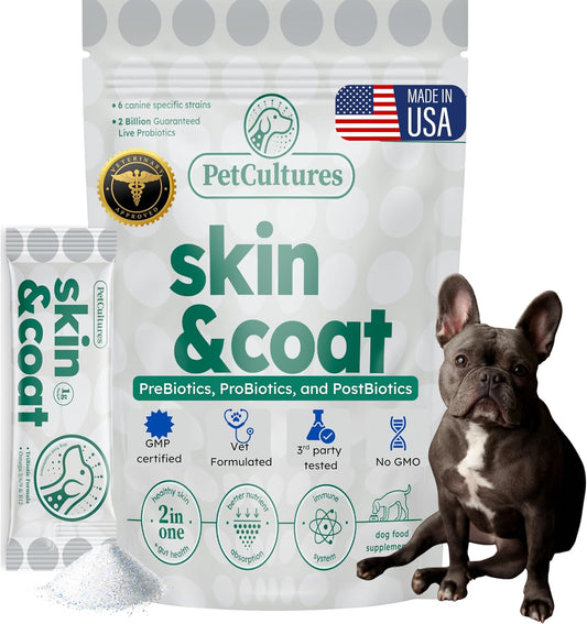 PetCultures Skin & Coat Tribiotic Dog Supplement Powder – Omega-3 & 6, Biotin, and Gut-Skin Axis Support (30 Sachets)