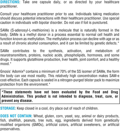 XYMOGEN SAM-e (S-Adenosyl-L-Methionine) - Methylation & Cell Health Support - with Gnosis Adomix SS Isomer - Nitrogen-Sealed Vegan Capsules - 30 Capsules