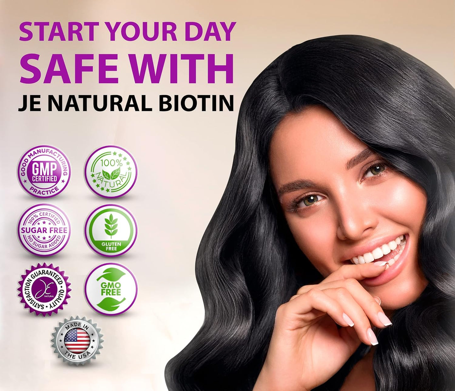JE Natural Biotin 20,000 mcg Maximum Strength with Vitamin C and Collagen - Hair, Skin and Nails Support - 60 Capsules - görsel 4